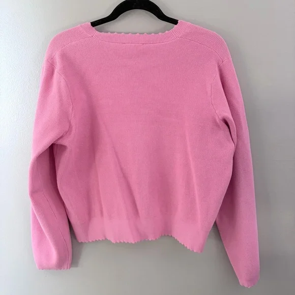 Pastel Pink Scalloped Trim Knit Cardigan Elegant Preppy Lady Jacket XL - Picture 5 of 8